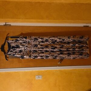 R & M Richards Strapless Dress in Navy and Gold/Bronze Floral